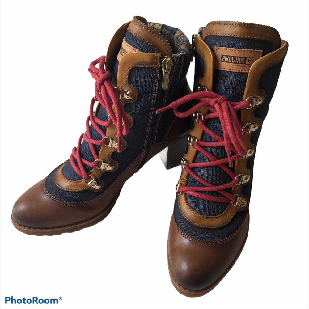 Pikolinos Brown & Navy Lace-Up Leather Ankle Boots with Red Laces
